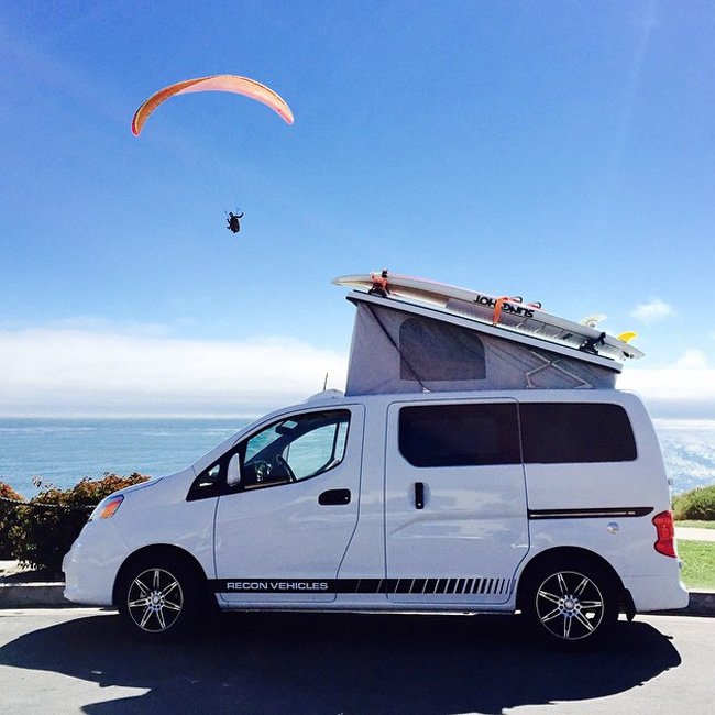 recreational vehicle with person parasailing in background