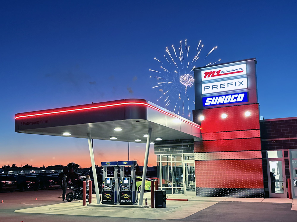 Prefix Performance Center exterior, with fireworks